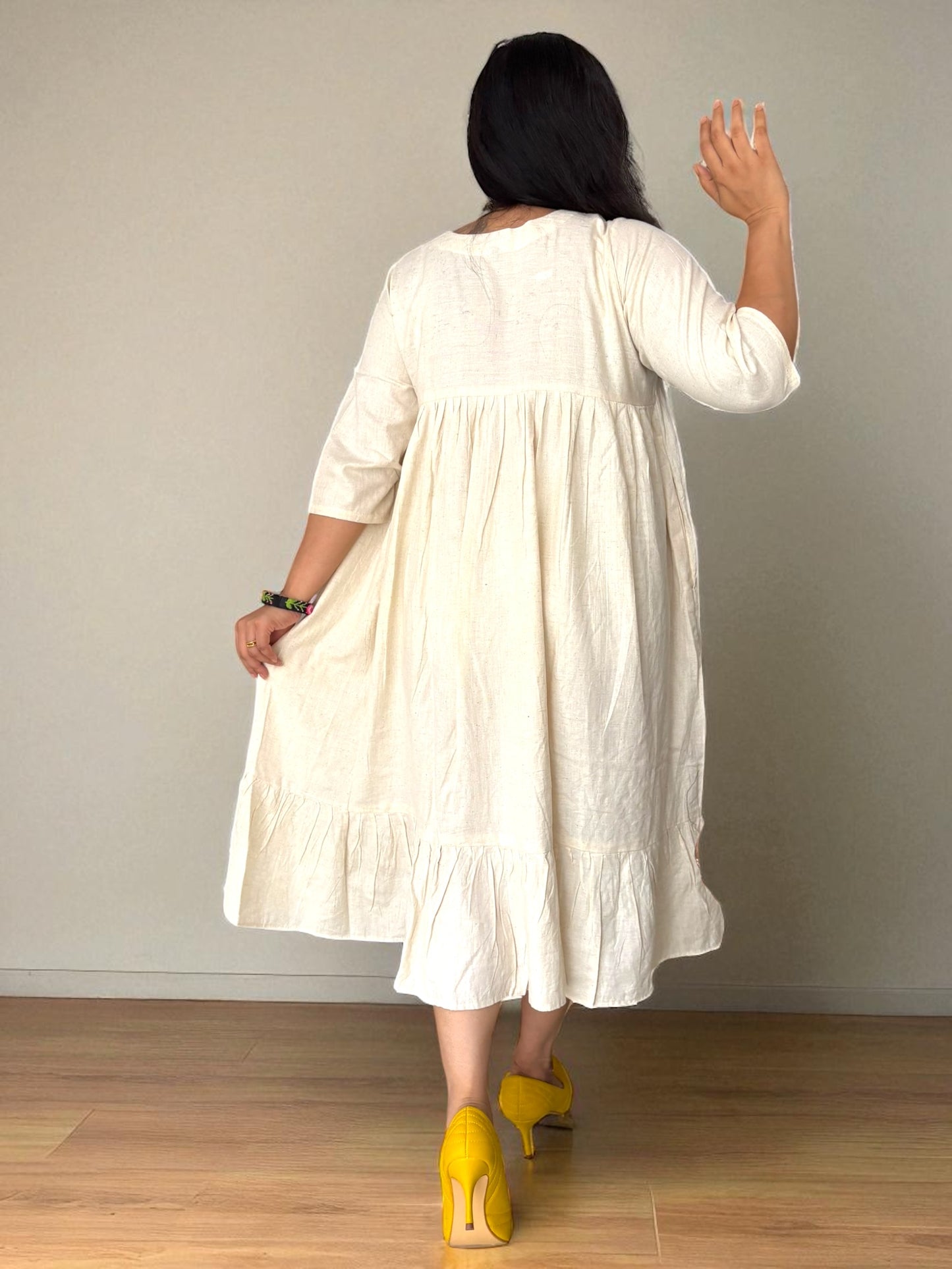 Disha Hand-Embroidered Cotton Midi Dress - Off White