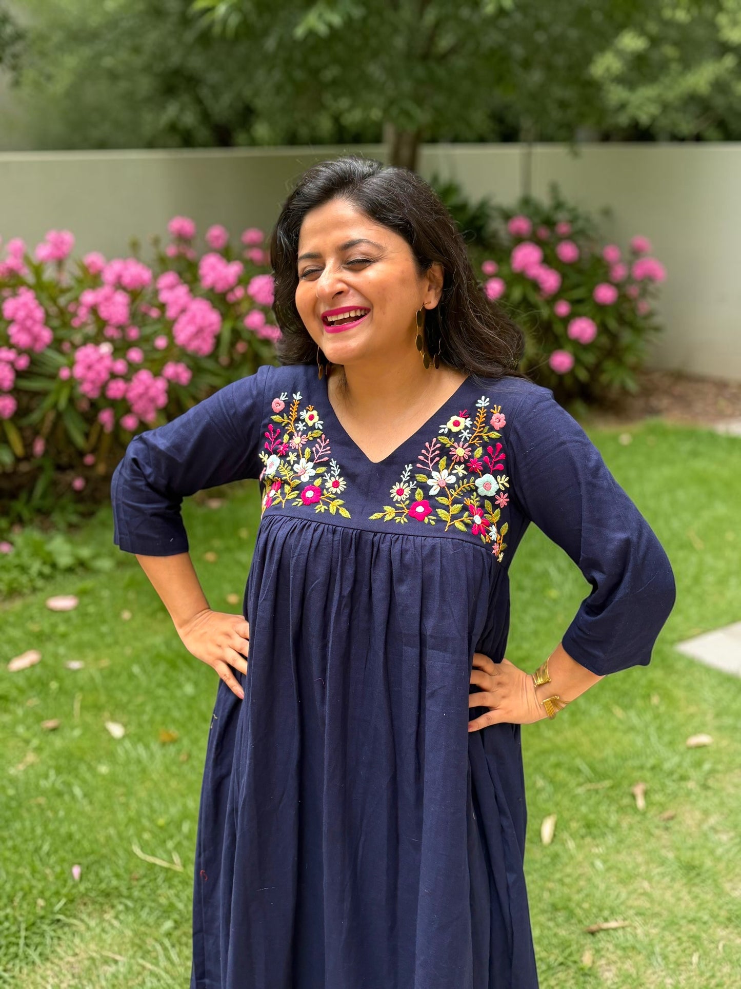 Disha Hand-Embroidered Cotton Midi Dress - Navy Blue