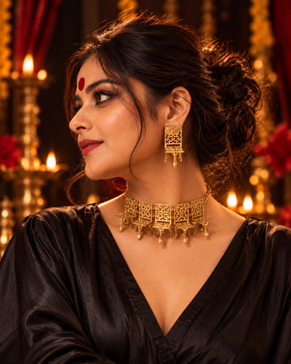 Maharani's Court Premium Sculptural Brass Necklace Jewelry Set (Necklace, Earrings)