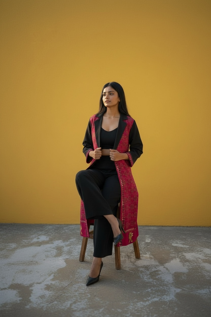 Malini Kanthastitch Cotton Long Jacket - Deep Pink