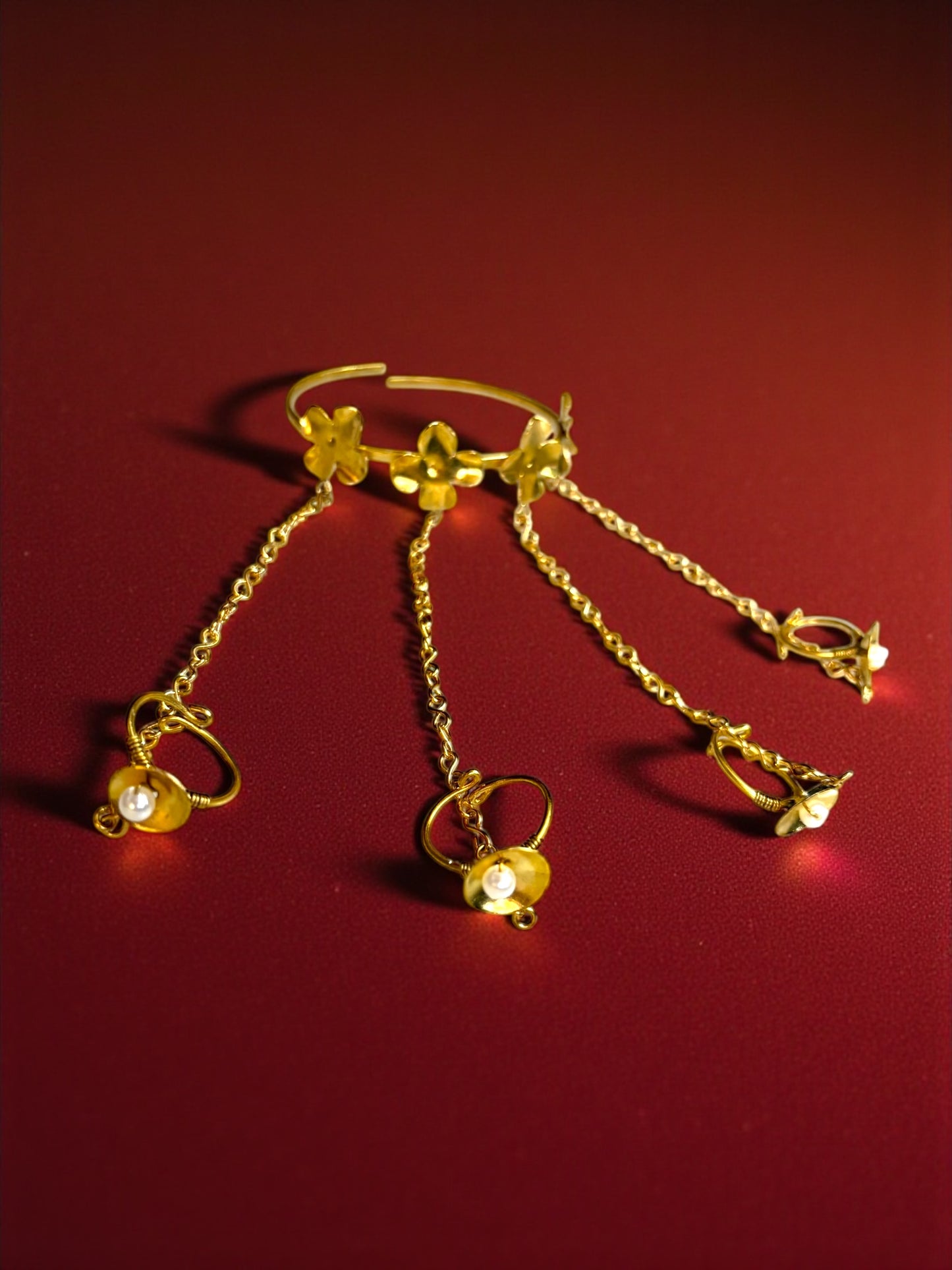 Ghungru Flower Brass Multi-Ring Hand Harness Bracelet