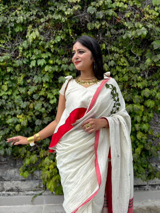 Shiuli Off-white & Red Hand-Embroidered Handloom Saree
