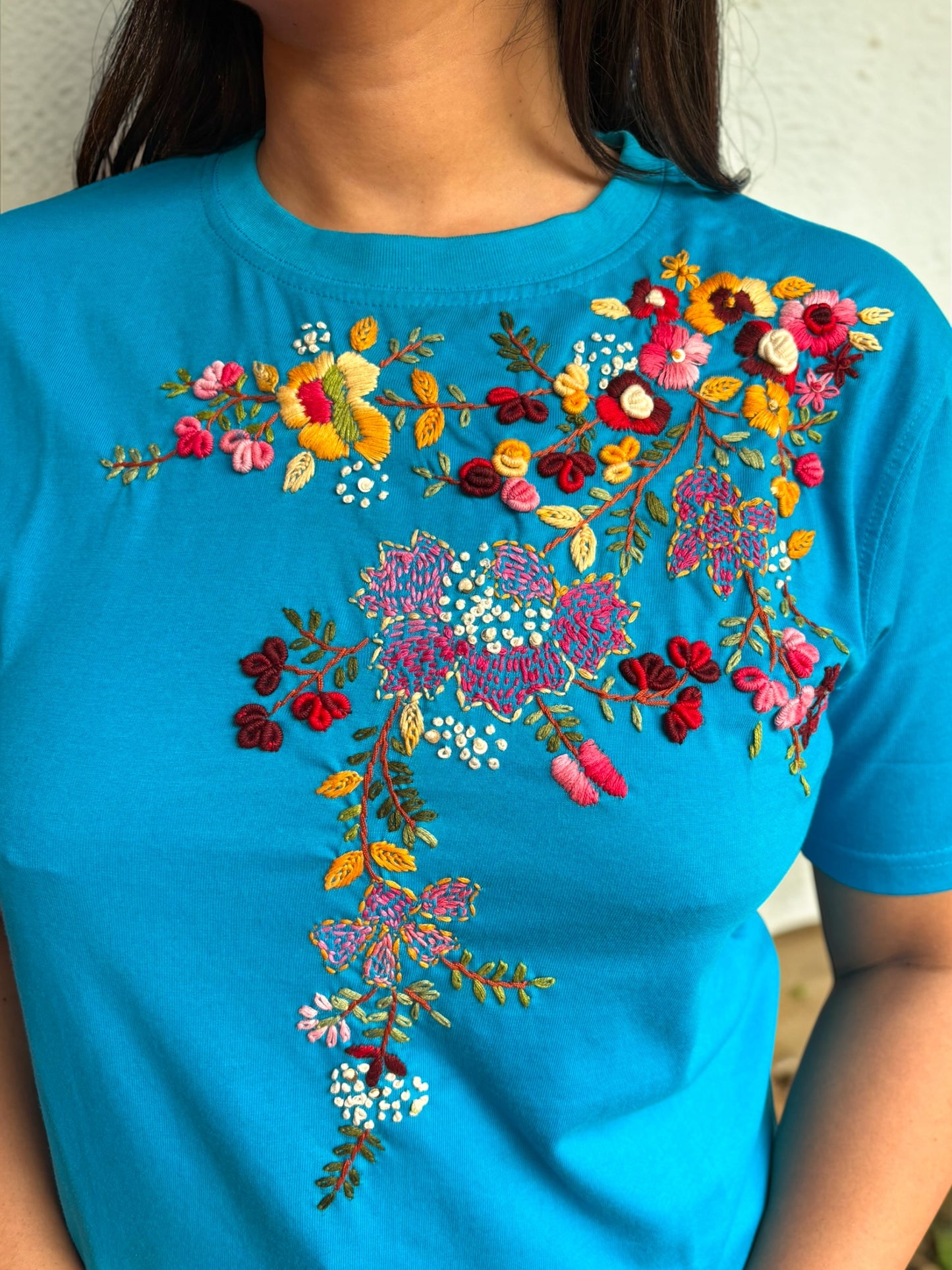 Hana Embroidered T-shirt -  Turquoise Shoulder