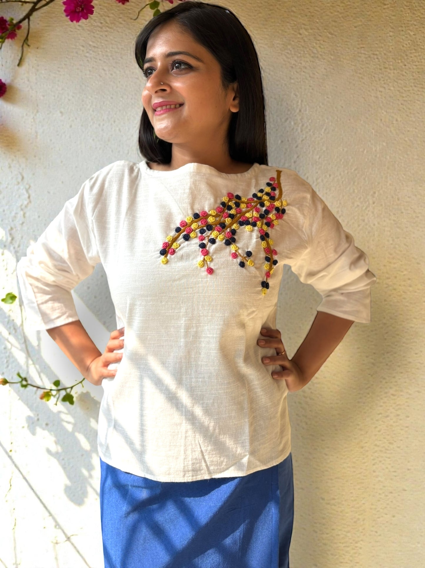 Candycrush Full Sleeved Embroidered Cotton Top - Yellow Peach