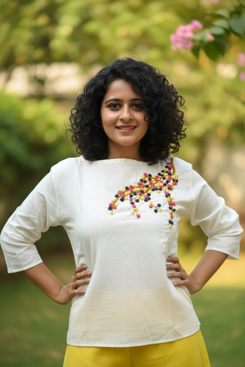 Candycrush Full Sleeved Embroidered Cotton Top - Yellow Peach