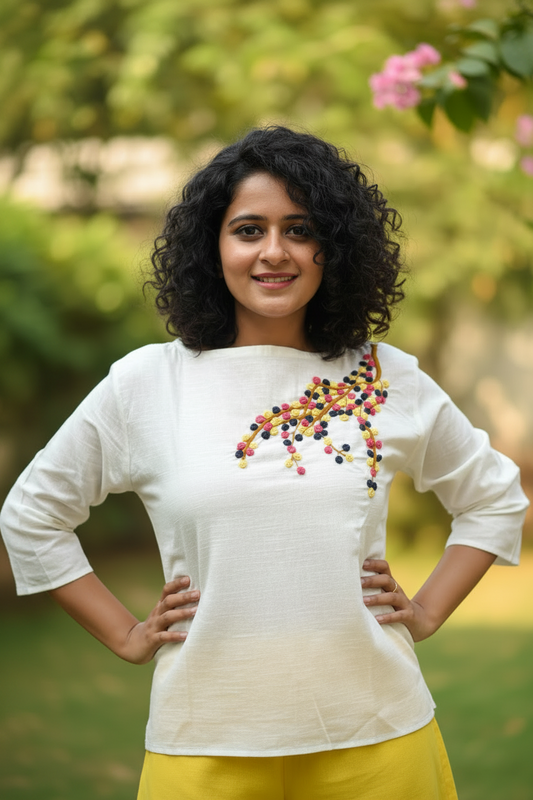 Candycrush Full Sleeved Embroidered Cotton Top - Yellow Peach