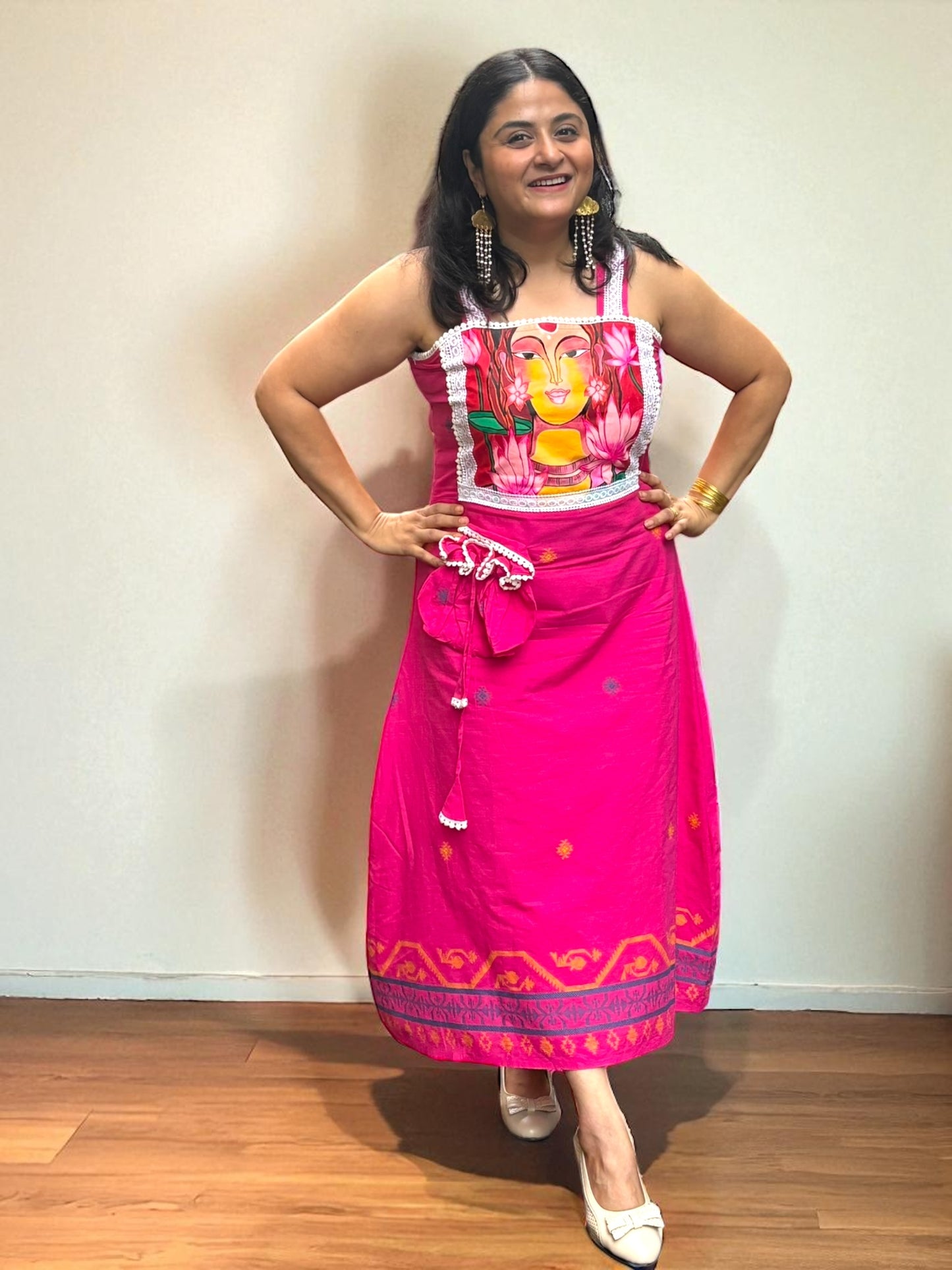 Devika Hand-Painted Cotton Jamdani Dress - Hot Pink