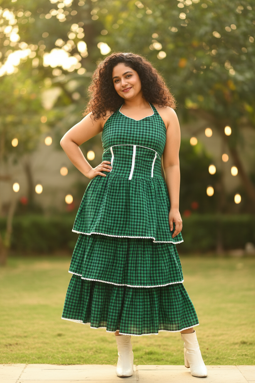 Dora Halter-Neck Tiered Flared Gamchha Cotton Dress