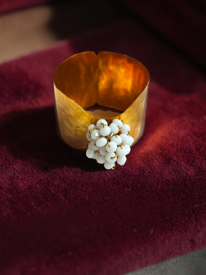 Flower Bouquet Cuff Crystal and Brass Bracelet - White