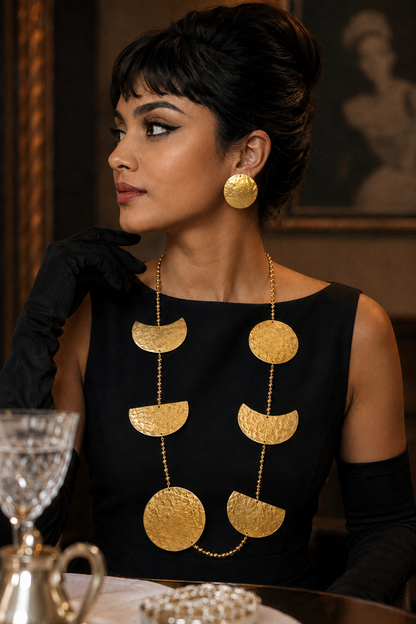 Phases of the Moon Brass Statement Necklace Jewelry Set (Necklace, Earrings)