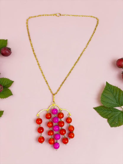 Pink Red Berries Pendant Brass Chain Necklace