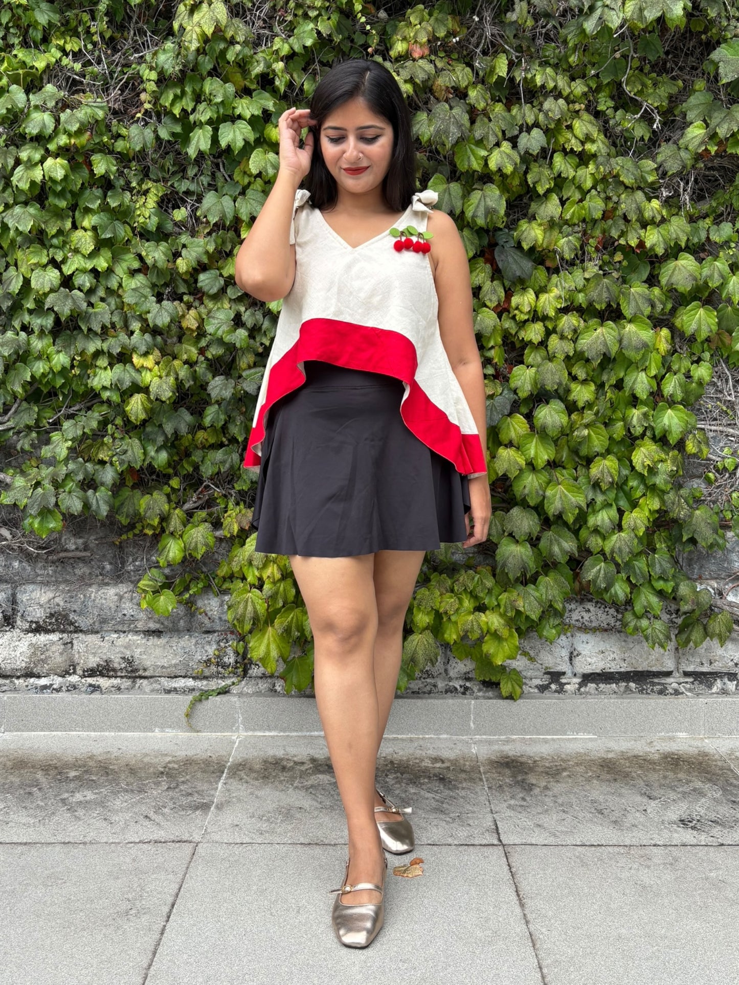 Cherry Tie-Up Asymmetric Cotton Top