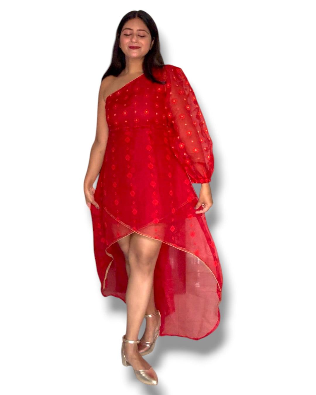 Firebird Jamdani Cotton High Low Dress - Red