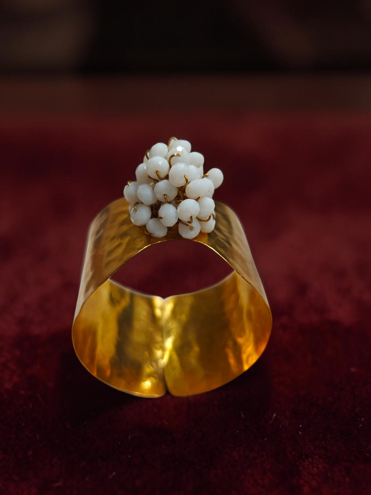 Flower Bouquet Cuff Crystal and Brass Bracelet - White