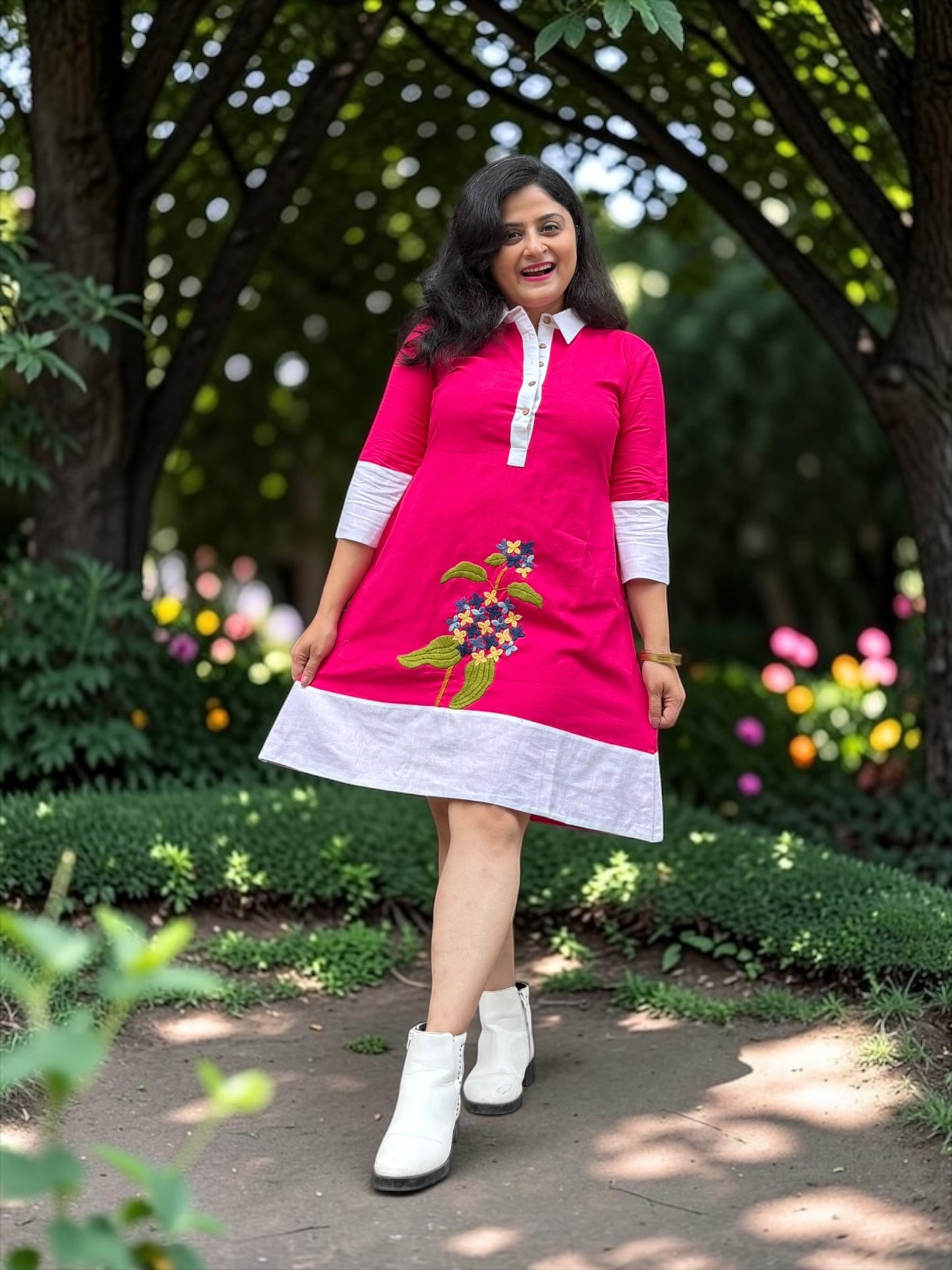 Sarang Antifit Sleeves Embroidered Cotton A-line Dress - Pink