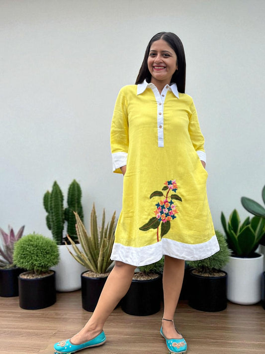 Sarang Antifit Sleeves Embroidered Khadi Cotton A-line Dress - Yellow