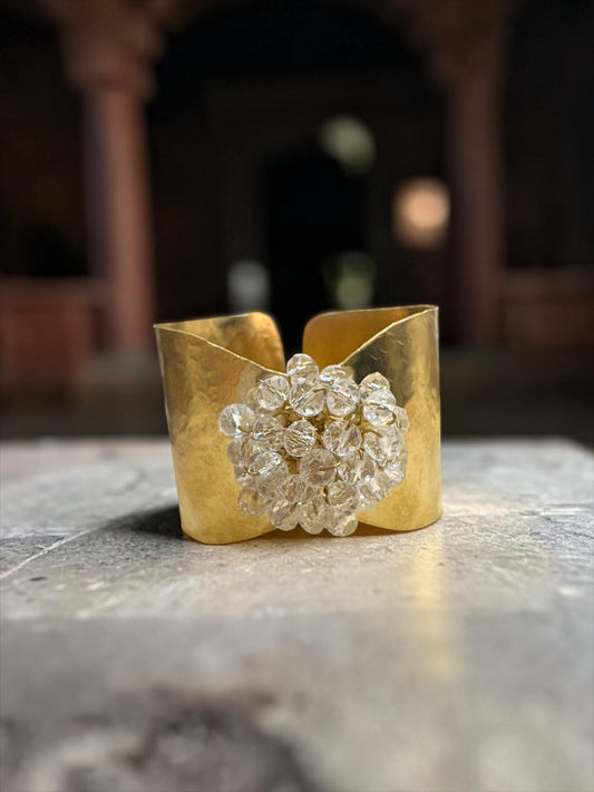 Flower Bouquet Cuff Crystal and Brass Bracelet - Diamond