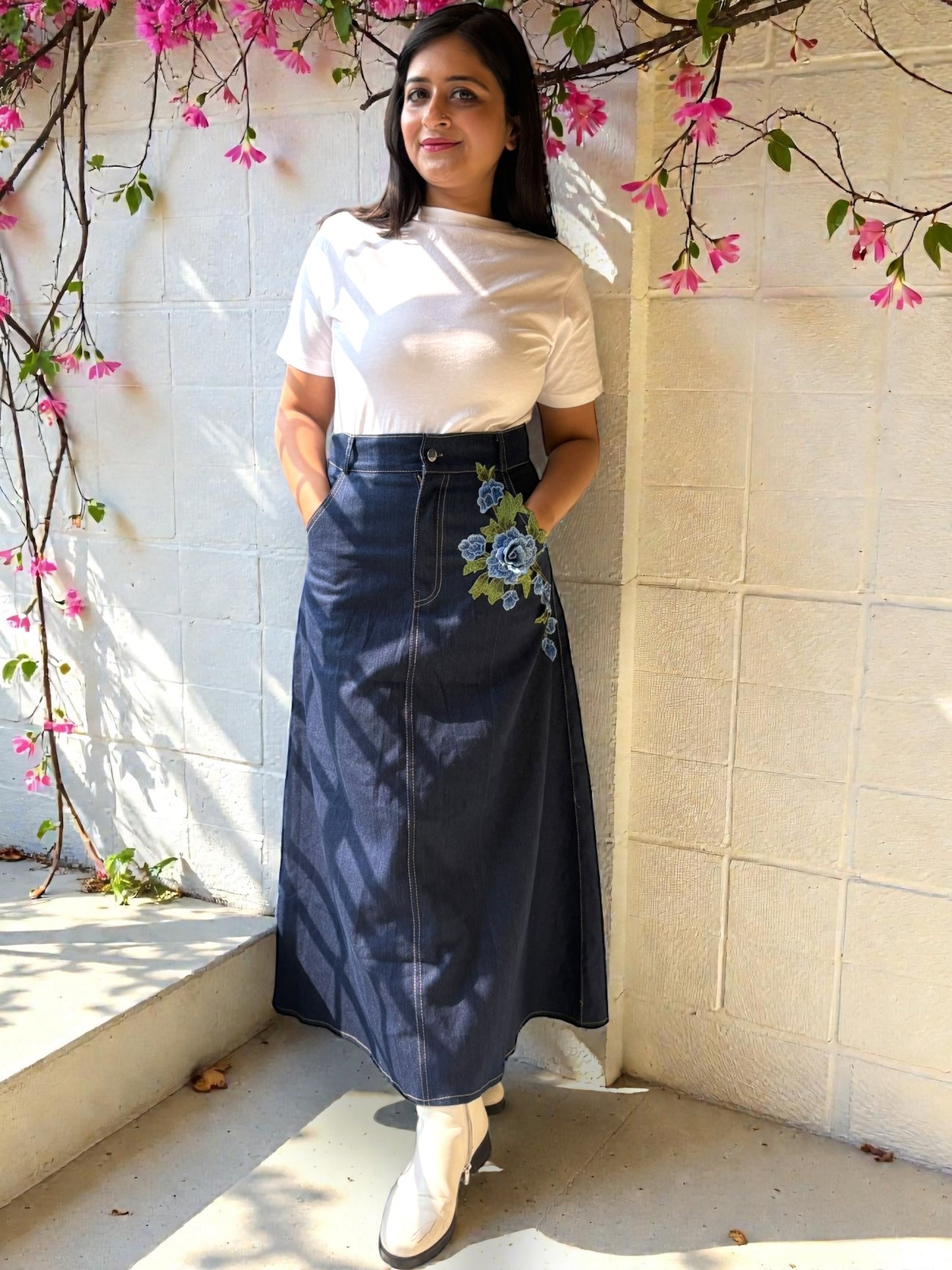 Eve Embroidered Applique Denim Long Skirt - Blue