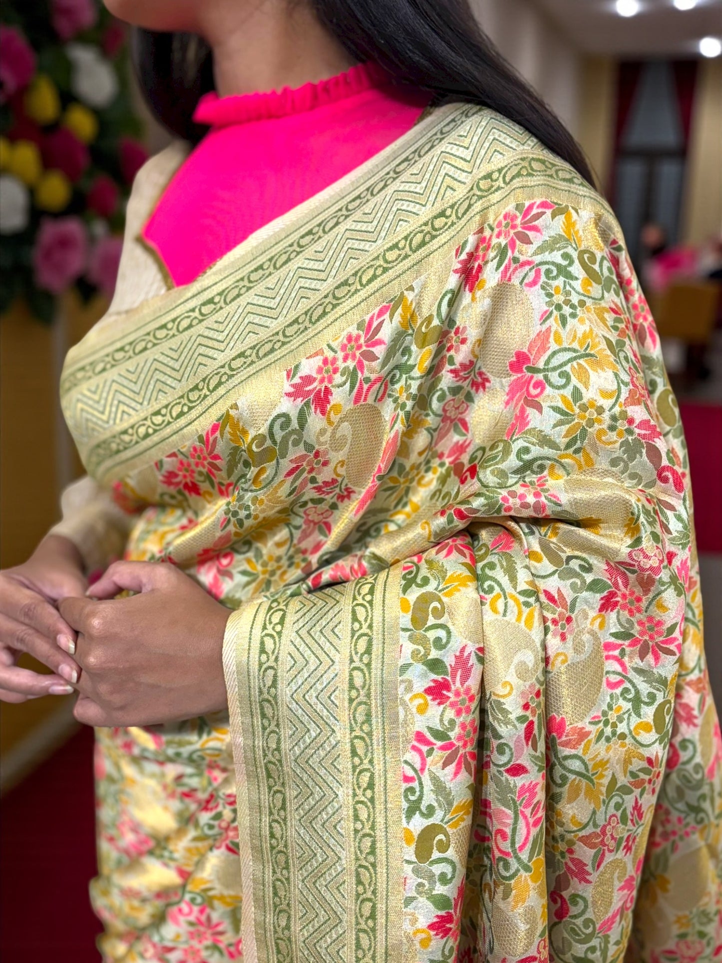 Manjari Pashmina Benarasi Saree - Cream