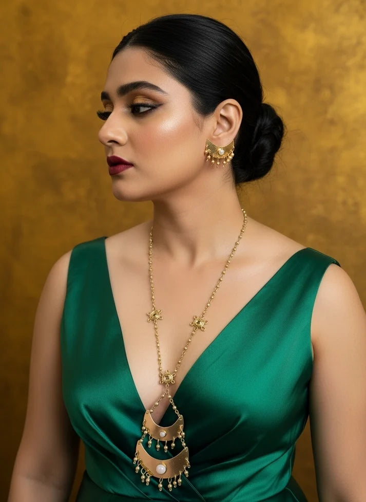Chandni Brass Necklace Jewelry Set (2 Necklaces + 1 Earrings + 1 Ring)