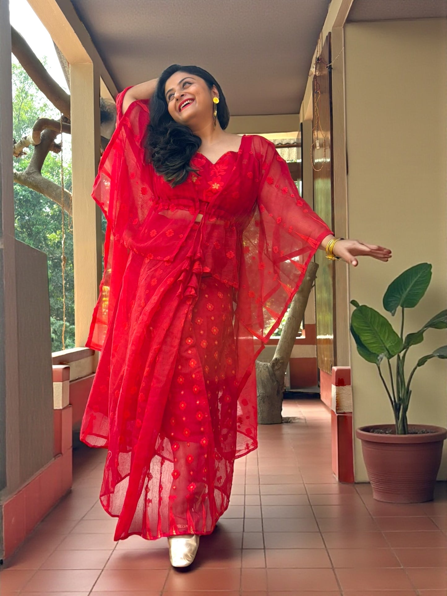 Rose Jamdani Saree Skirt, Kaftan Jacket & Top Coord Set