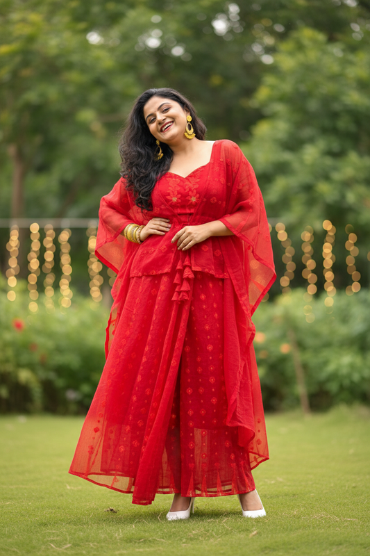 Rose Jamdani Saree Skirt, Kaftan Jacket & Top Coord Set