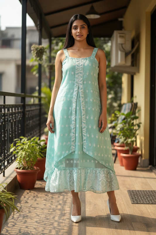 Jasmine Jamdani Cotton Layered Dress - Blue