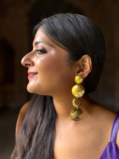 Spiral Bold Disc Brass Dangler Earrings