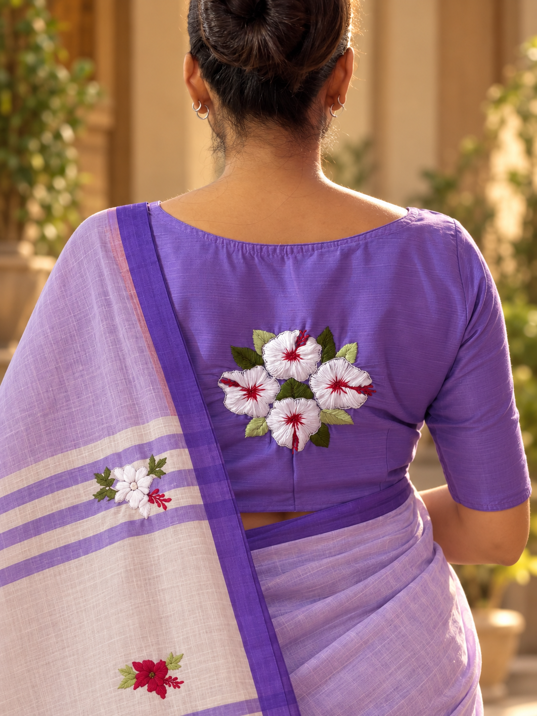 White Joba Hand-Embroidered Cotton Saree - Purple