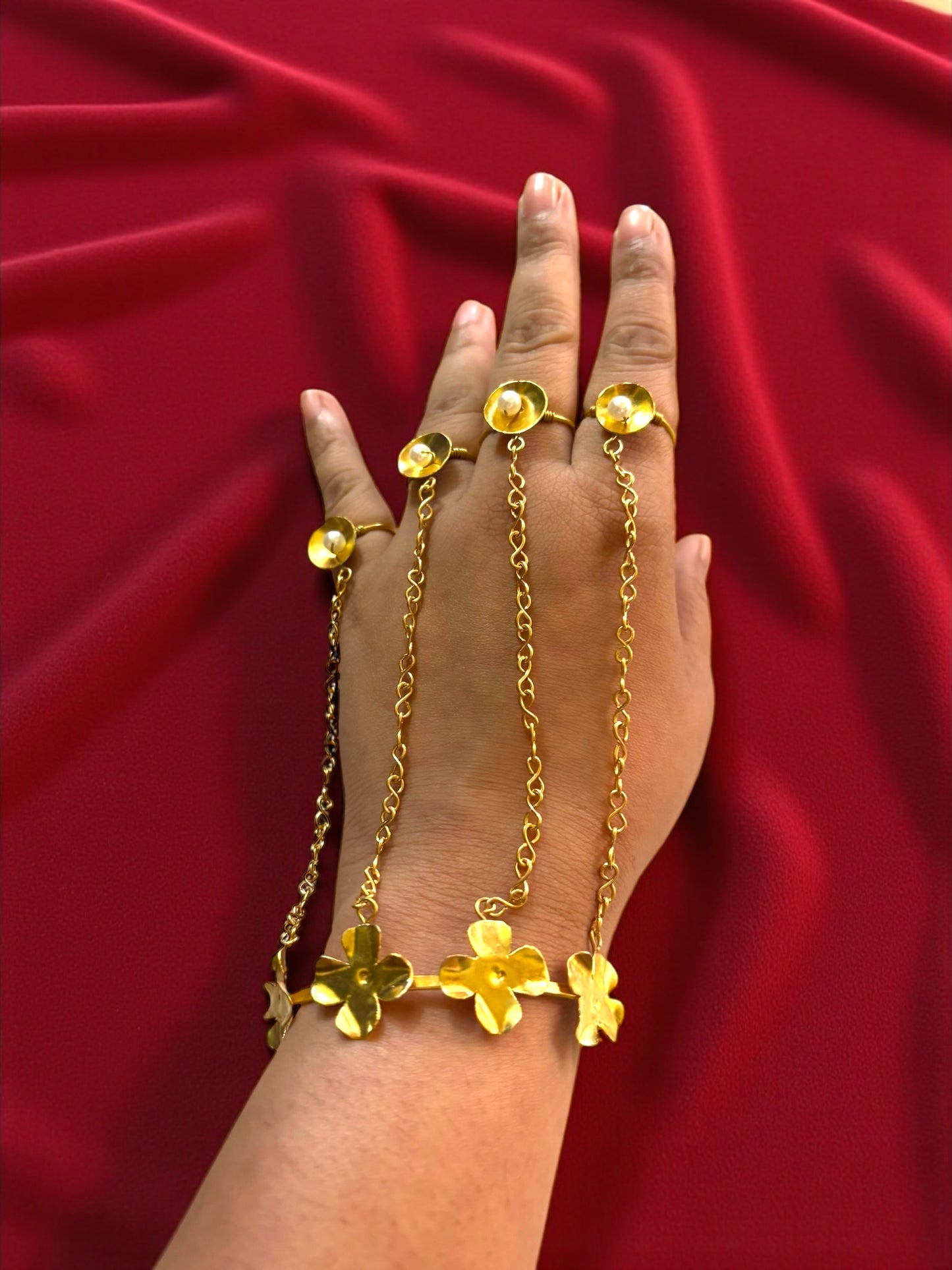 Ghungru Flower Brass Multi-Ring Hand Harness Bracelet