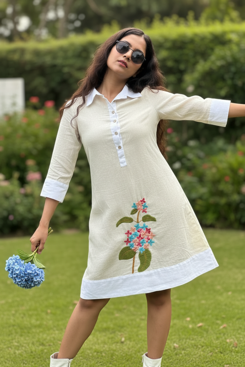 Sarang Antifit Sleeves Embroidered Cotton A-line Dress - Cream