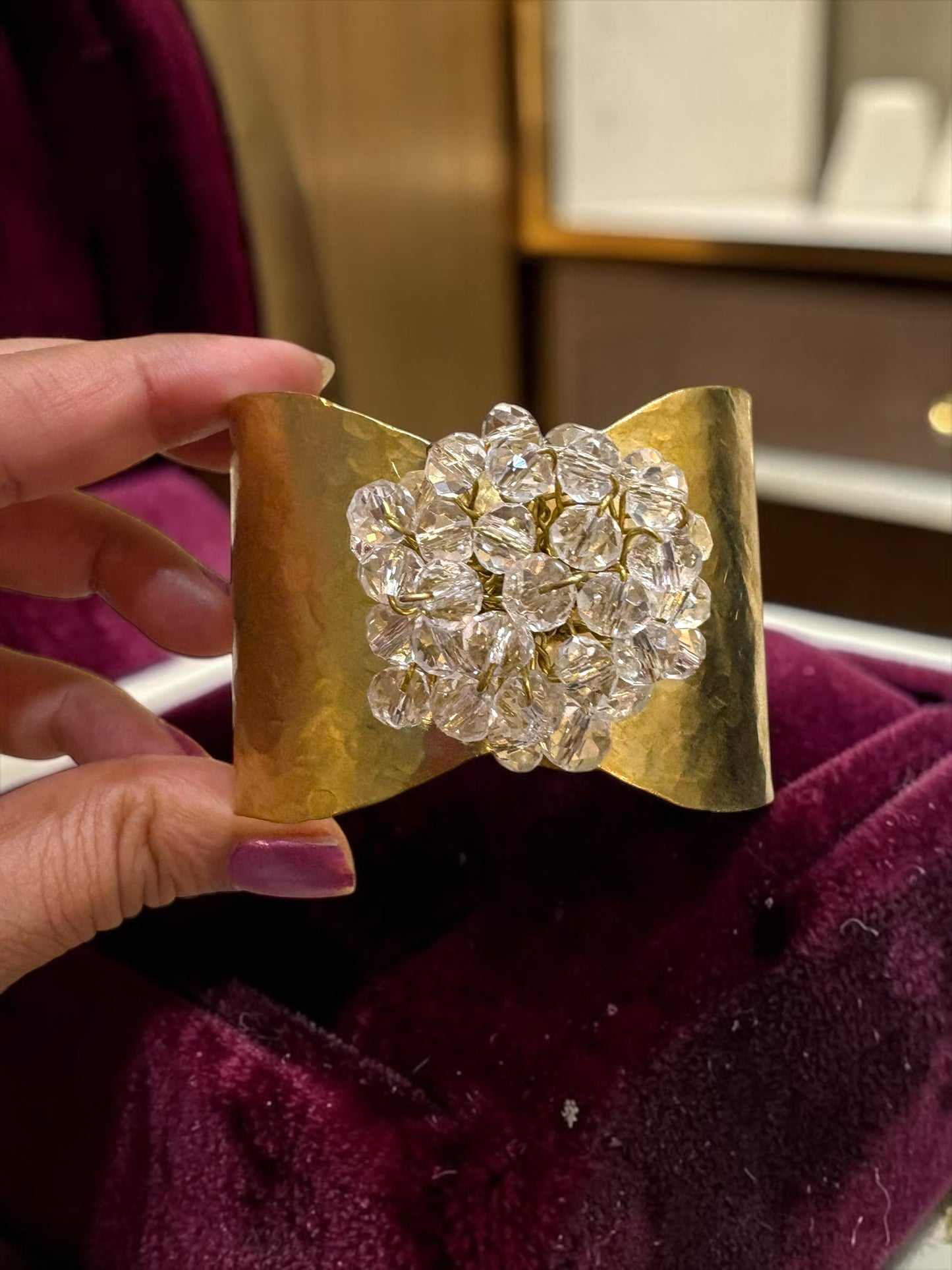 Flower Bouquet Cuff Crystal and Brass Bracelet - Diamond