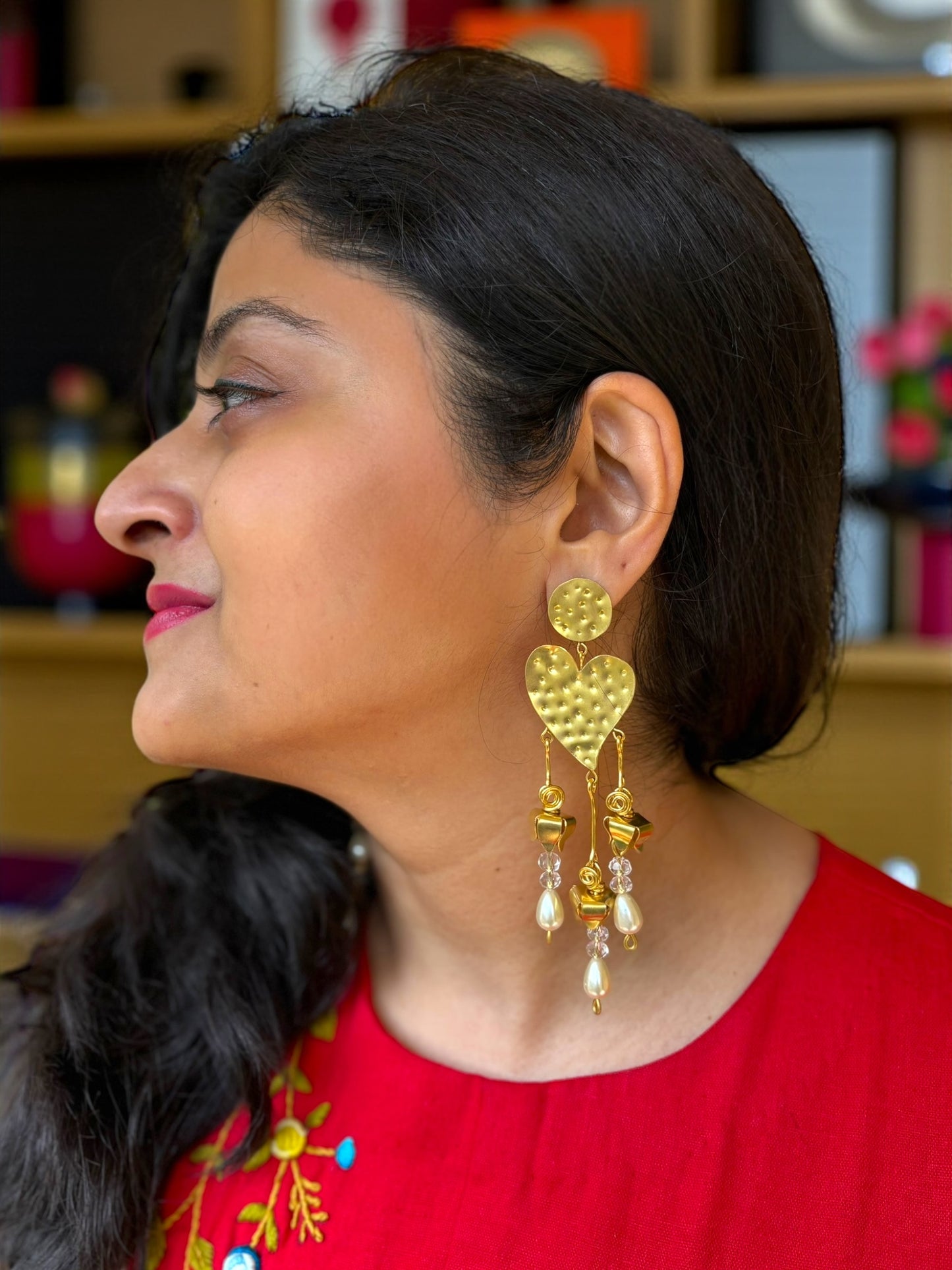 Heart Flower Brass Statement Dangler Earrings