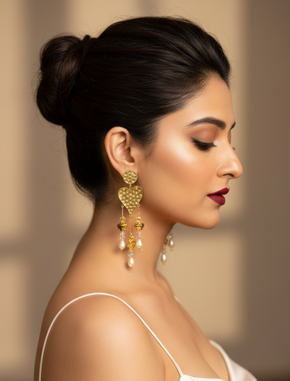 Heart Flower Brass Statement Dangler Earrings