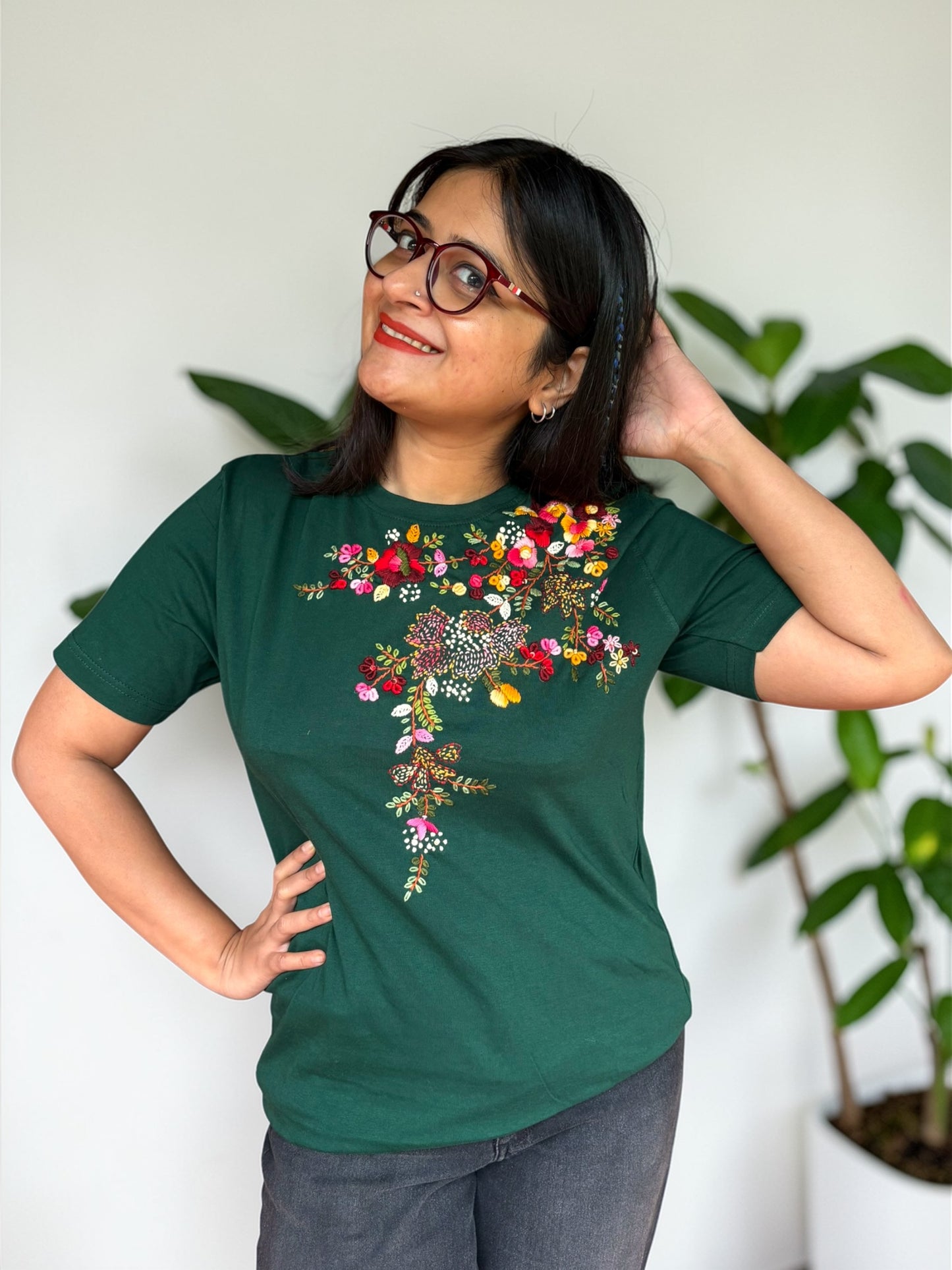 Hana Embroidered T-shirt Top - Green Shoulder