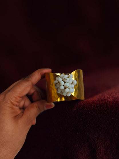 Flower Bouquet Cuff Crystal and Brass Bracelet - White