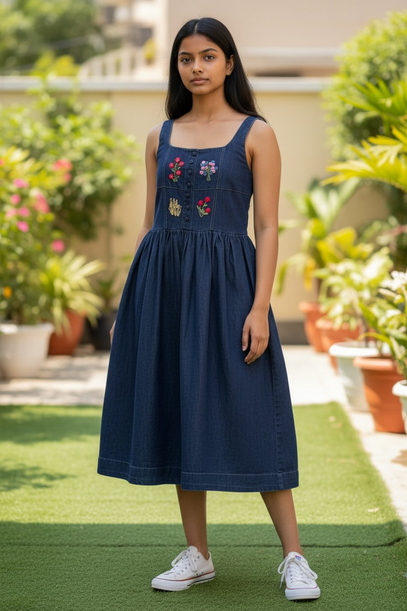 Fiore Hand-Embroidered Strappy Denim Dress - Blue