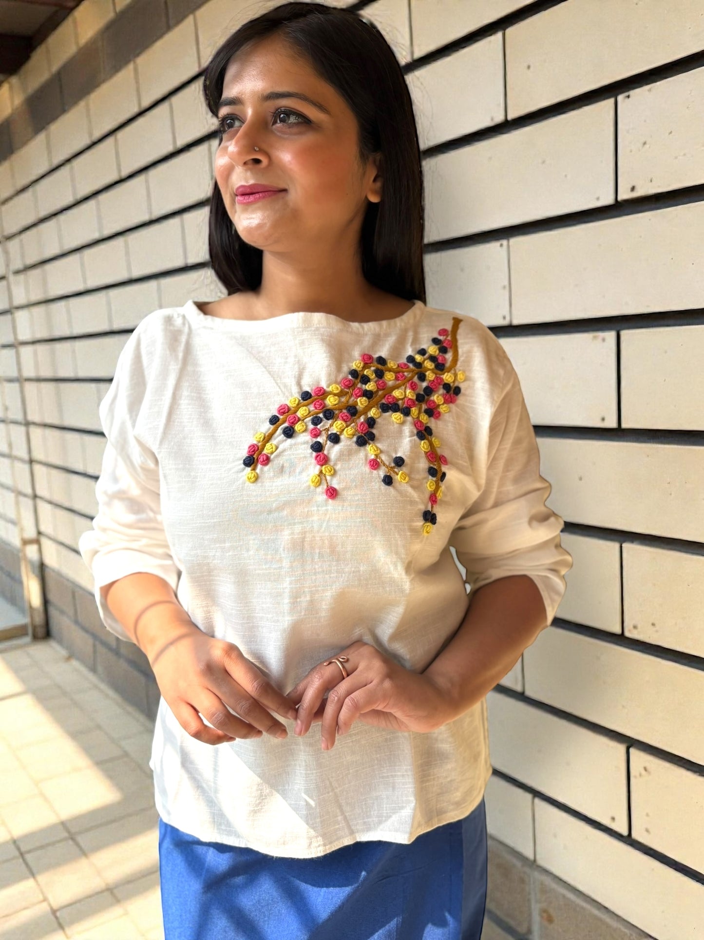 Candycrush Full Sleeved Embroidered Cotton Top - Yellow Peach