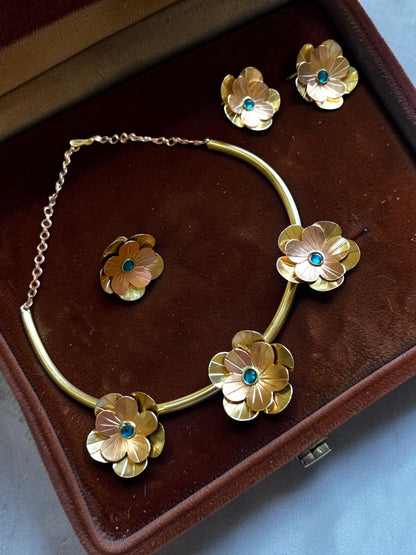 Fleurs Brass Hasli Necklace Jewelry Set (Ear Studs,Necklace,Ring) - Turquoise Blue
