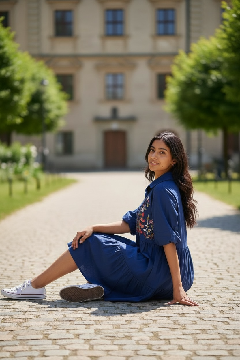 Bloom Hand-Embroidered Cotton Shirt Dress - Blue