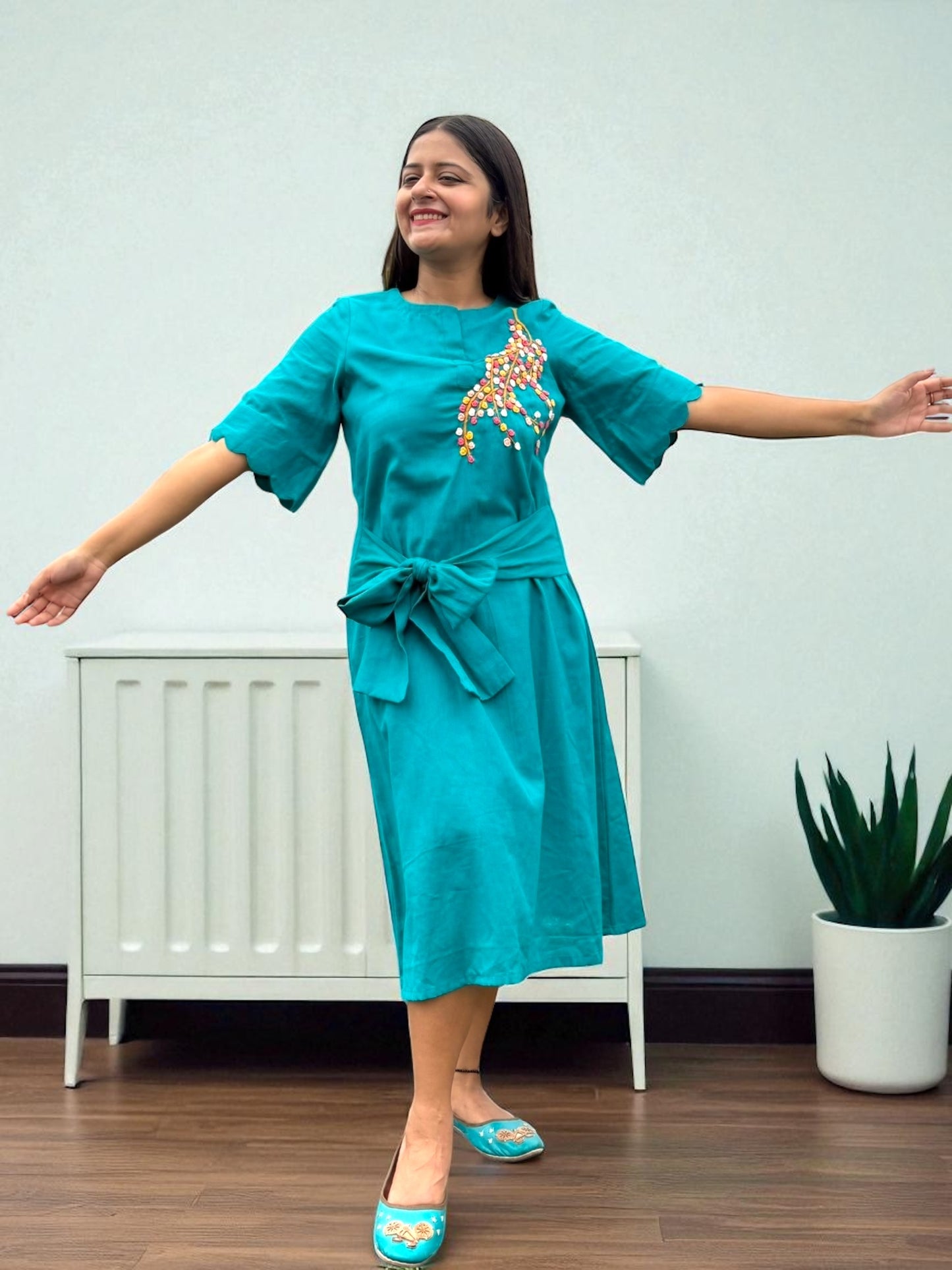 Nobita Embroidered Khadi Cotton Wrap Belt Dress - Turquoise Blue