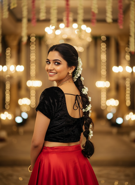 Niharika Short Sleeved Velvet Blouse - Black