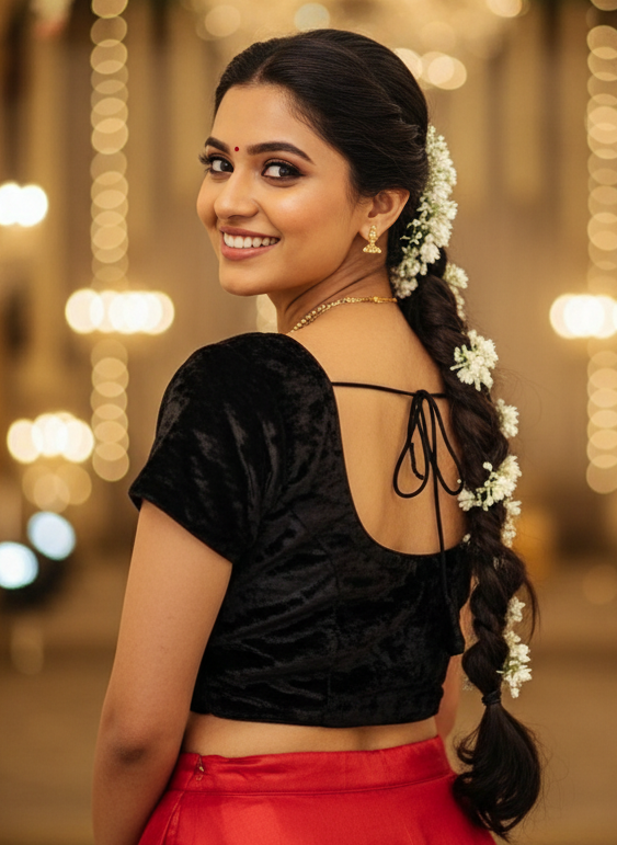 Niharika Short Sleeved Velvet Blouse - Black