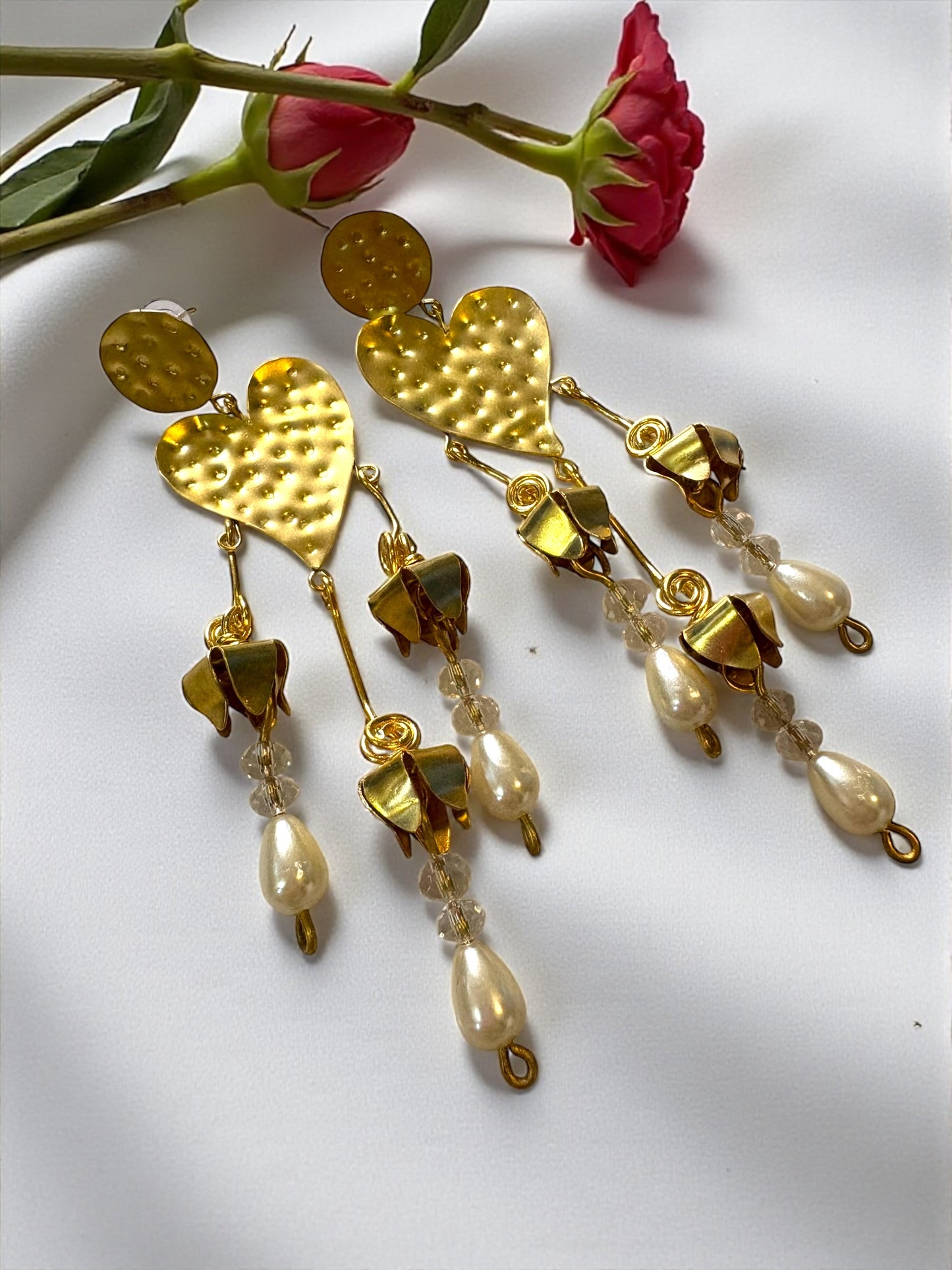 Heart Flower Brass Statement Dangler Earrings