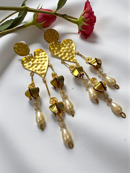 Heart Flower Brass Statement Dangler Earrings