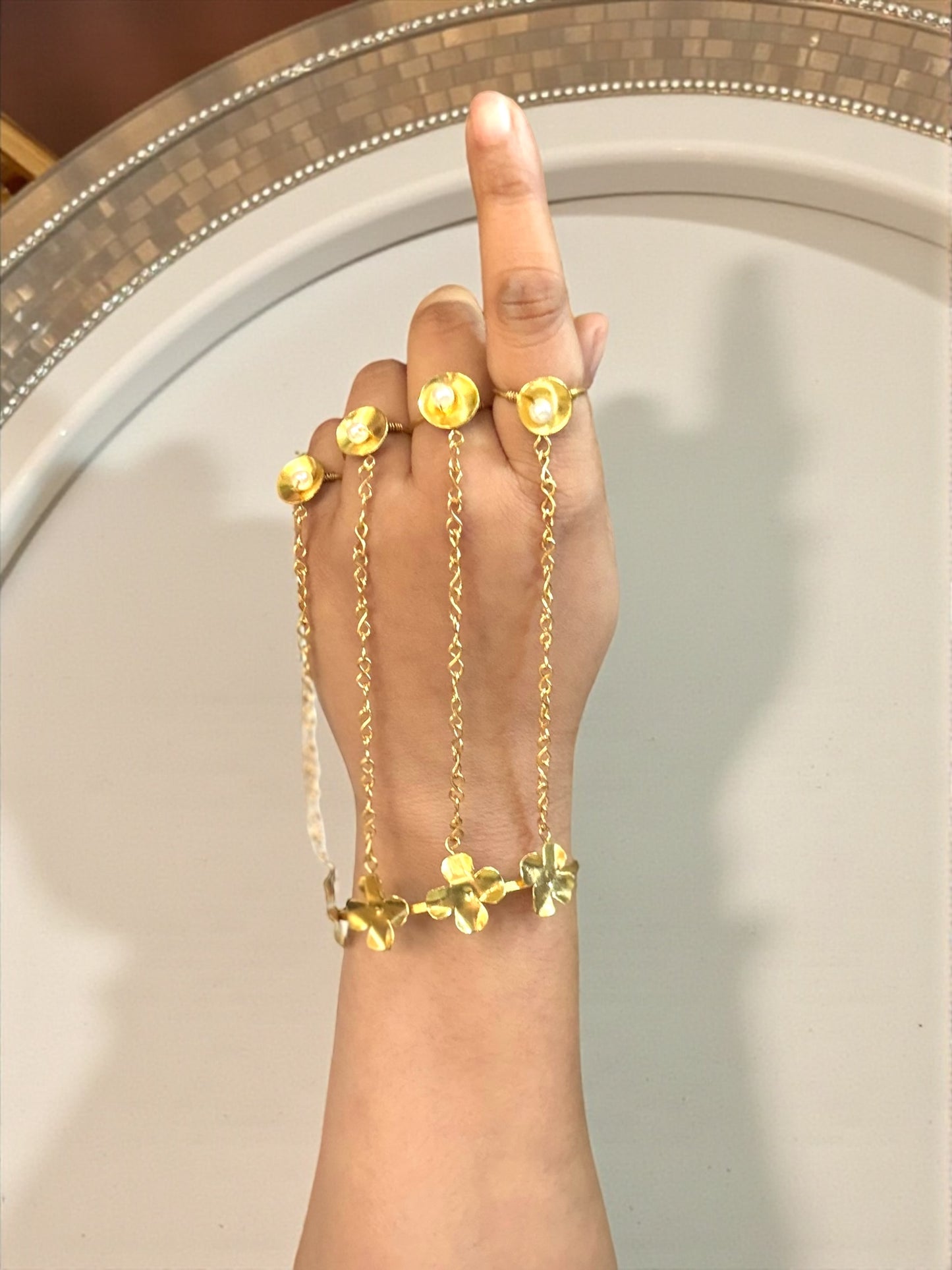 Ghungru Flower Brass Multi-Ring Hand Harness Bracelet