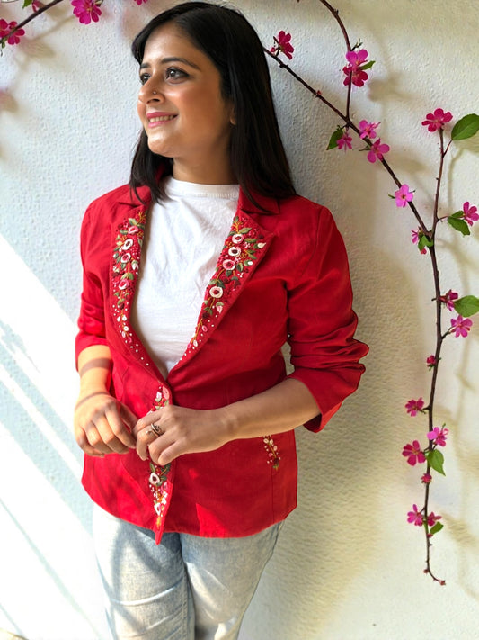 Thea Hand-Embroidered Cotton Jacket - Red