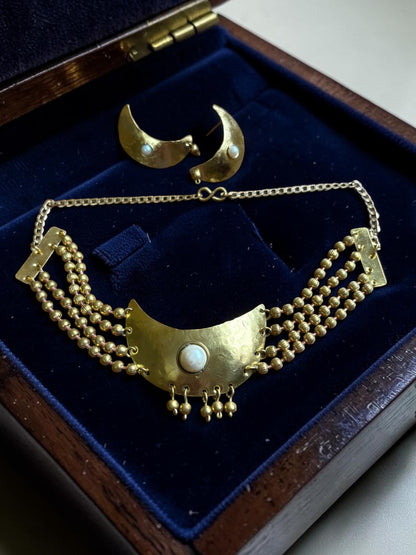 Prathama Chandni Moon Pearl Brass Choker Necklace Jewelry Set (Necklace, Earrings, Ring)