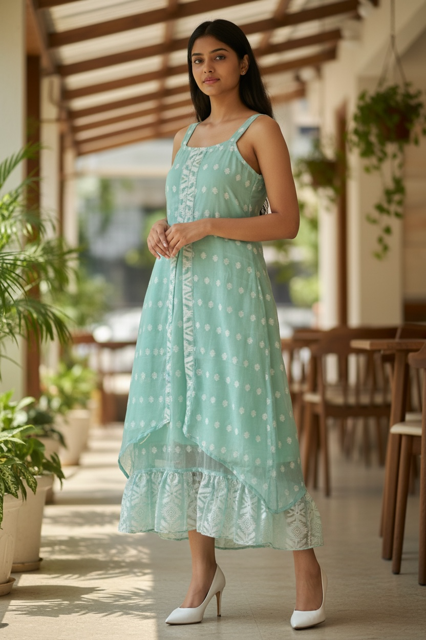 Jasmine Jamdani Cotton Layered Dress - Blue