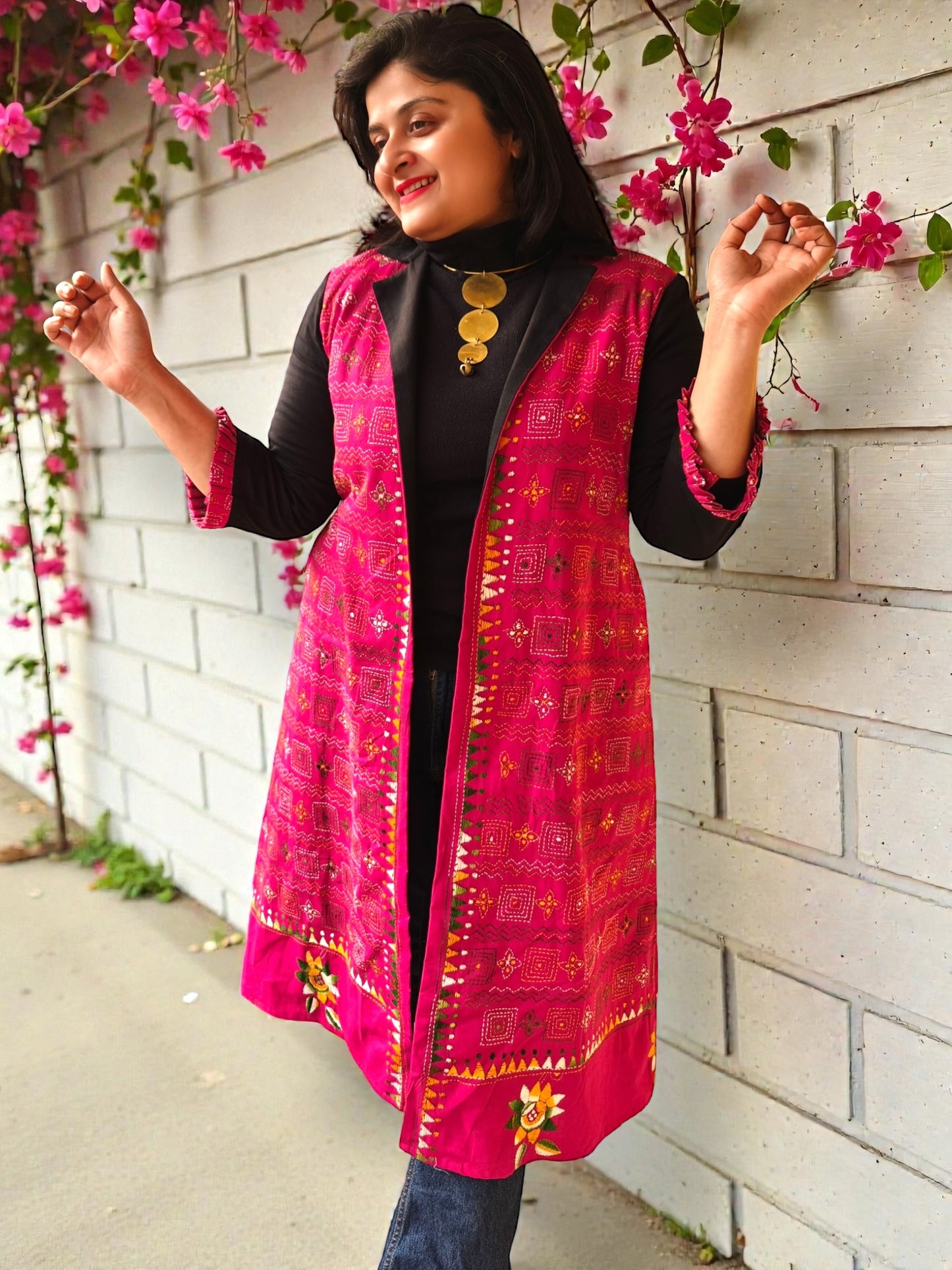 Malini Kanthastitch Cotton Long Jacket - Deep Pink